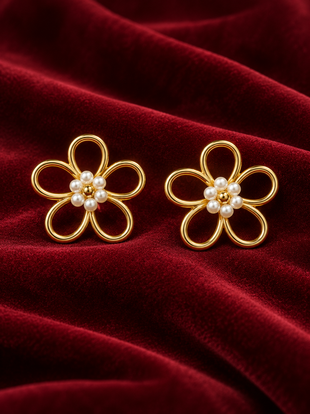 Golden Pearl Bloom Flower Stud Earrings