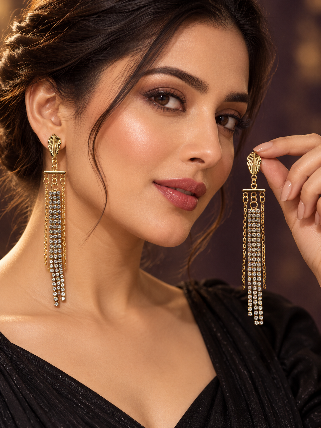 Golden Leaf Crystal Cascade Tassel Earrings