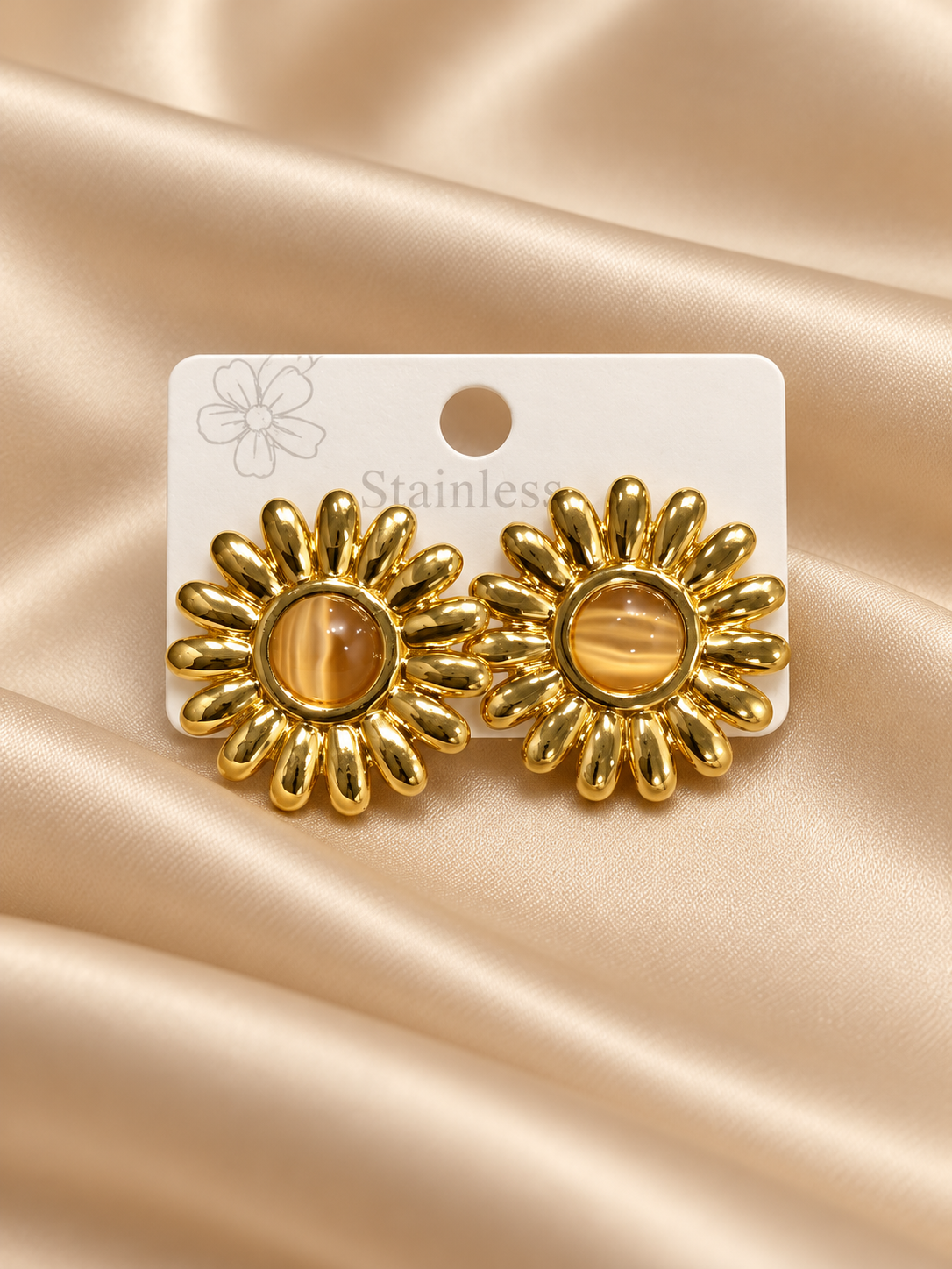 Golden Sunburst Flower Stud Earrings with Amber-Tone Centers