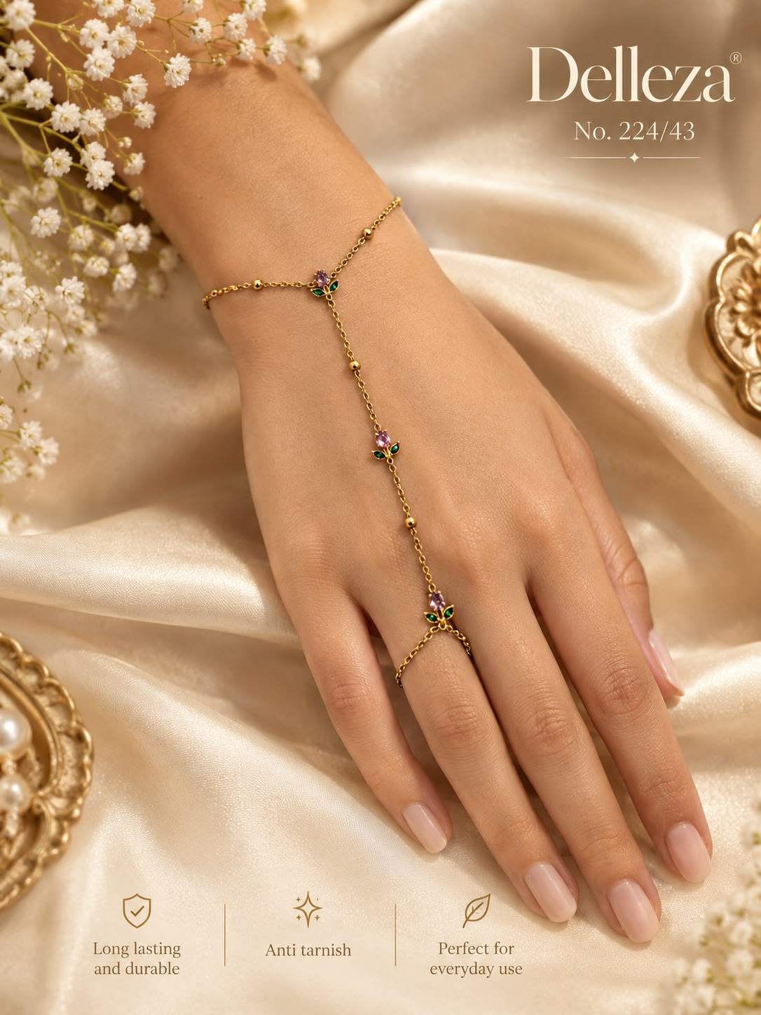 Anti-Tarnish Gold-Tone pink tulip Floral Hand Harness Bracelet with Ring