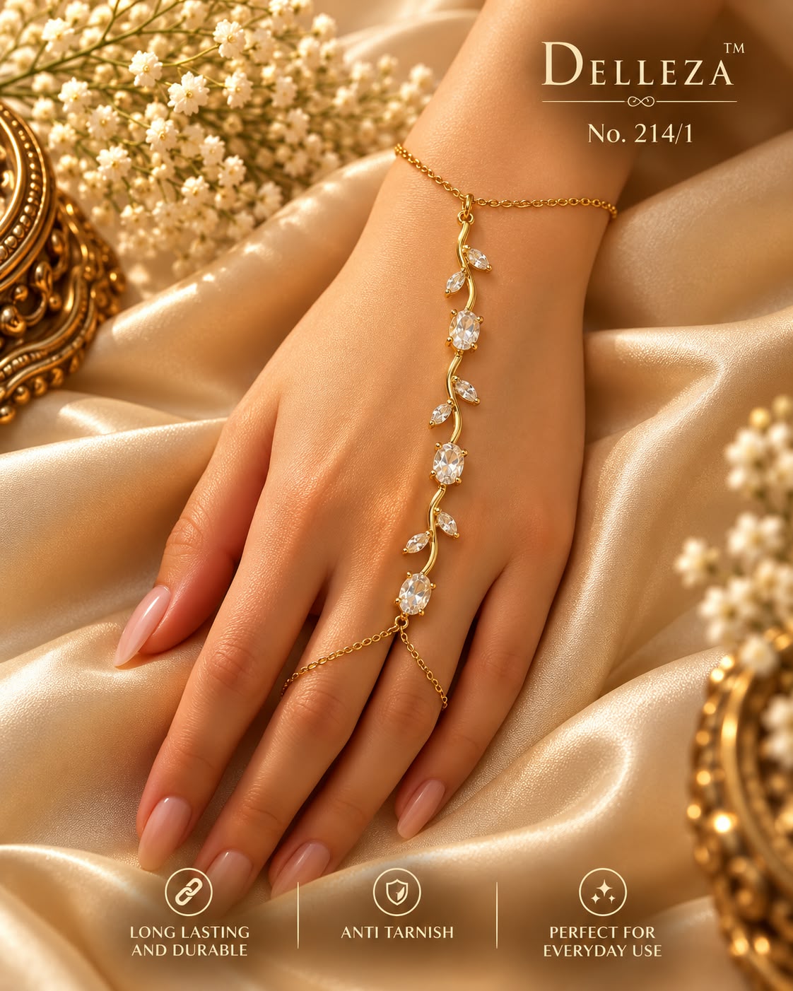 Gold-Tone white tulip Crystal Leaf Hand Harness Bracelet with Ring