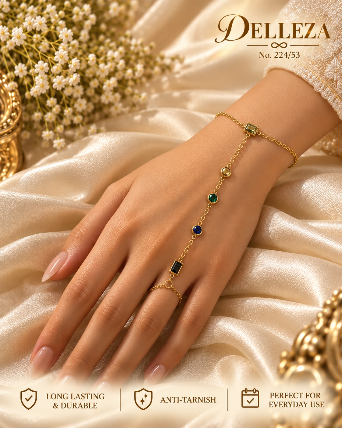 Multicolour Gemstone Hand Harness Bracelet with Ring