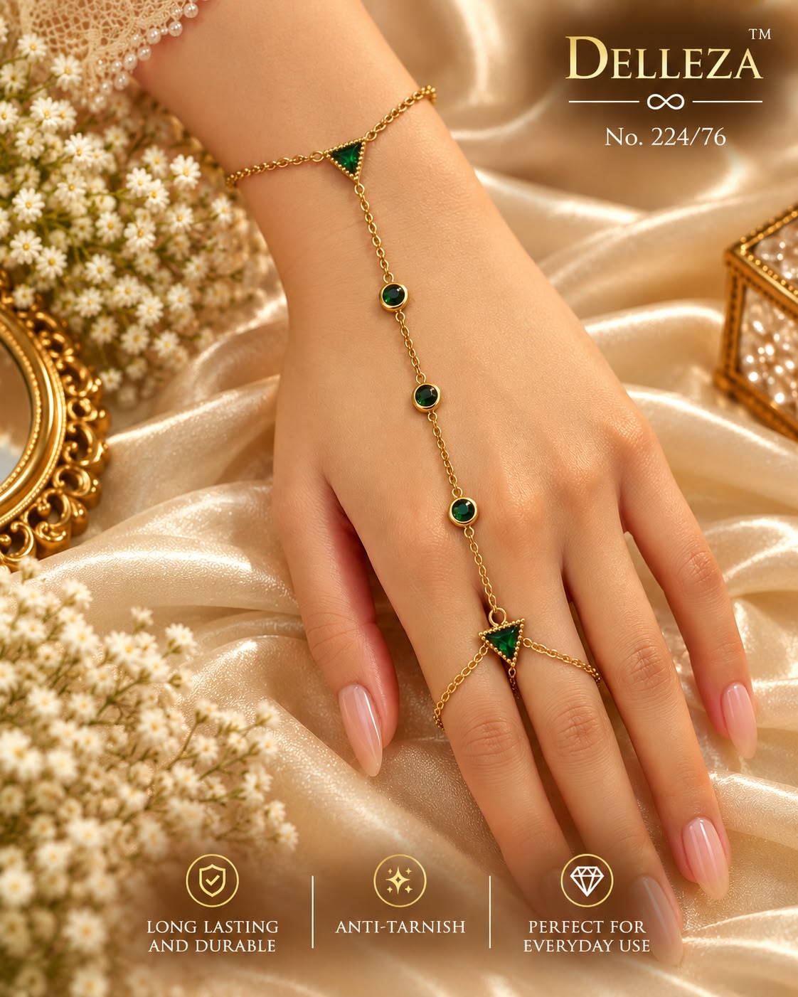 Green Triangle Gemstone Hand Harness Bracelet with Ring