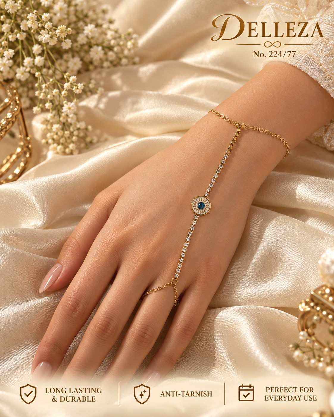 Blue Evil Eye Crystal Hand Harness Bracelet with Ring