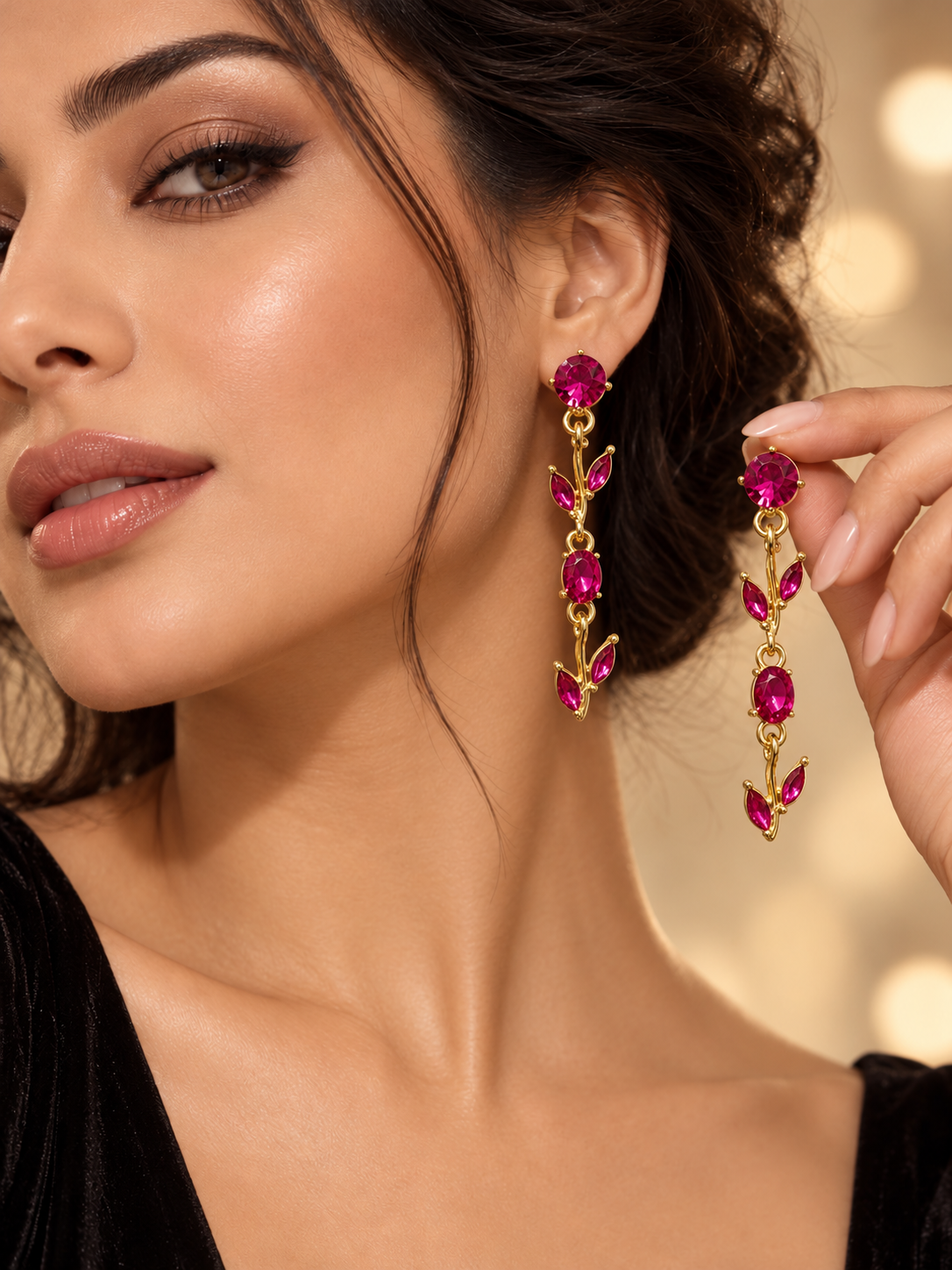 Magenta Stone Leaf pink Tulip Vine Dangle Earrings