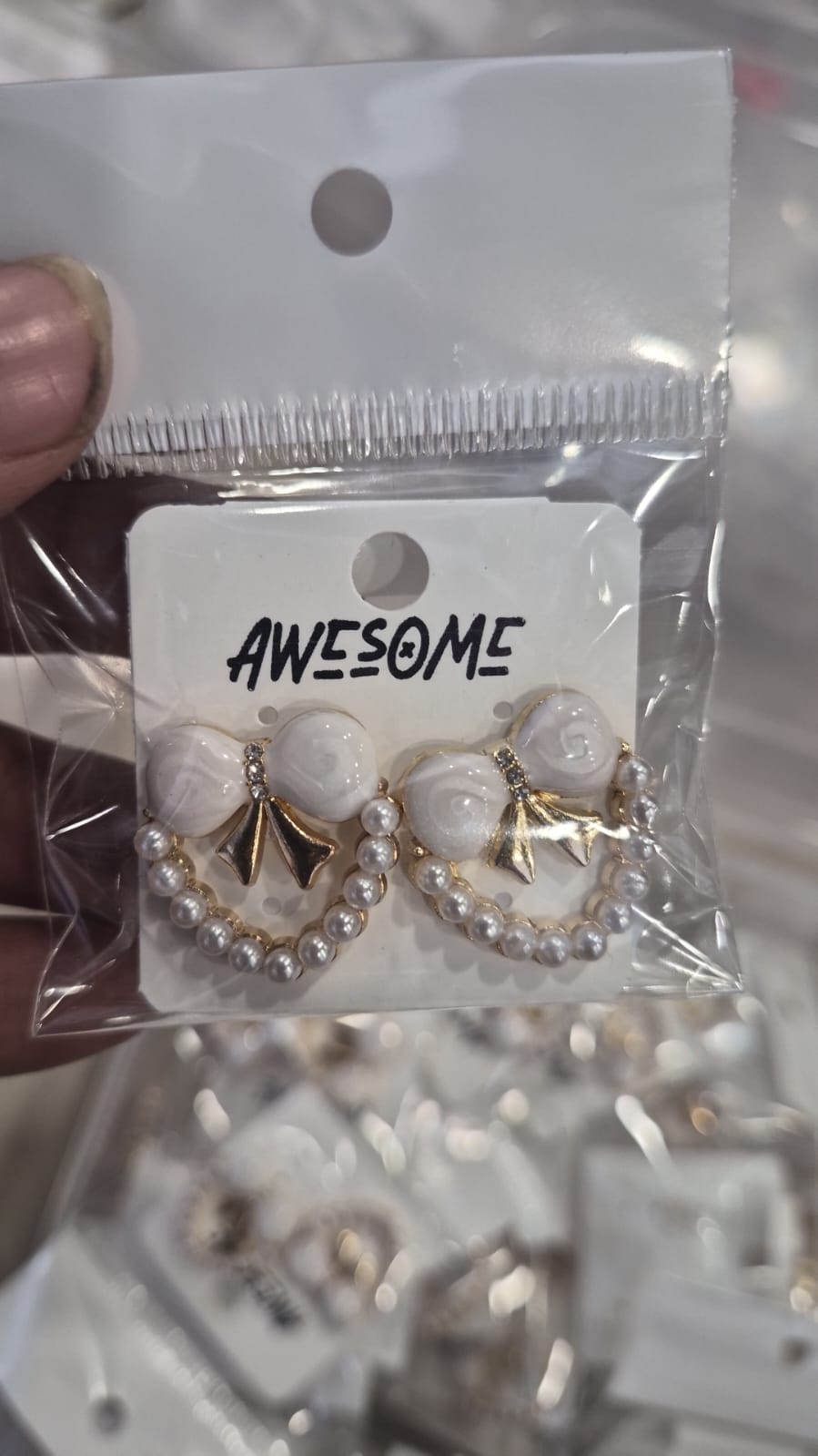 White Bow Earrings with Pearl Bead Hoops and Dangle Details