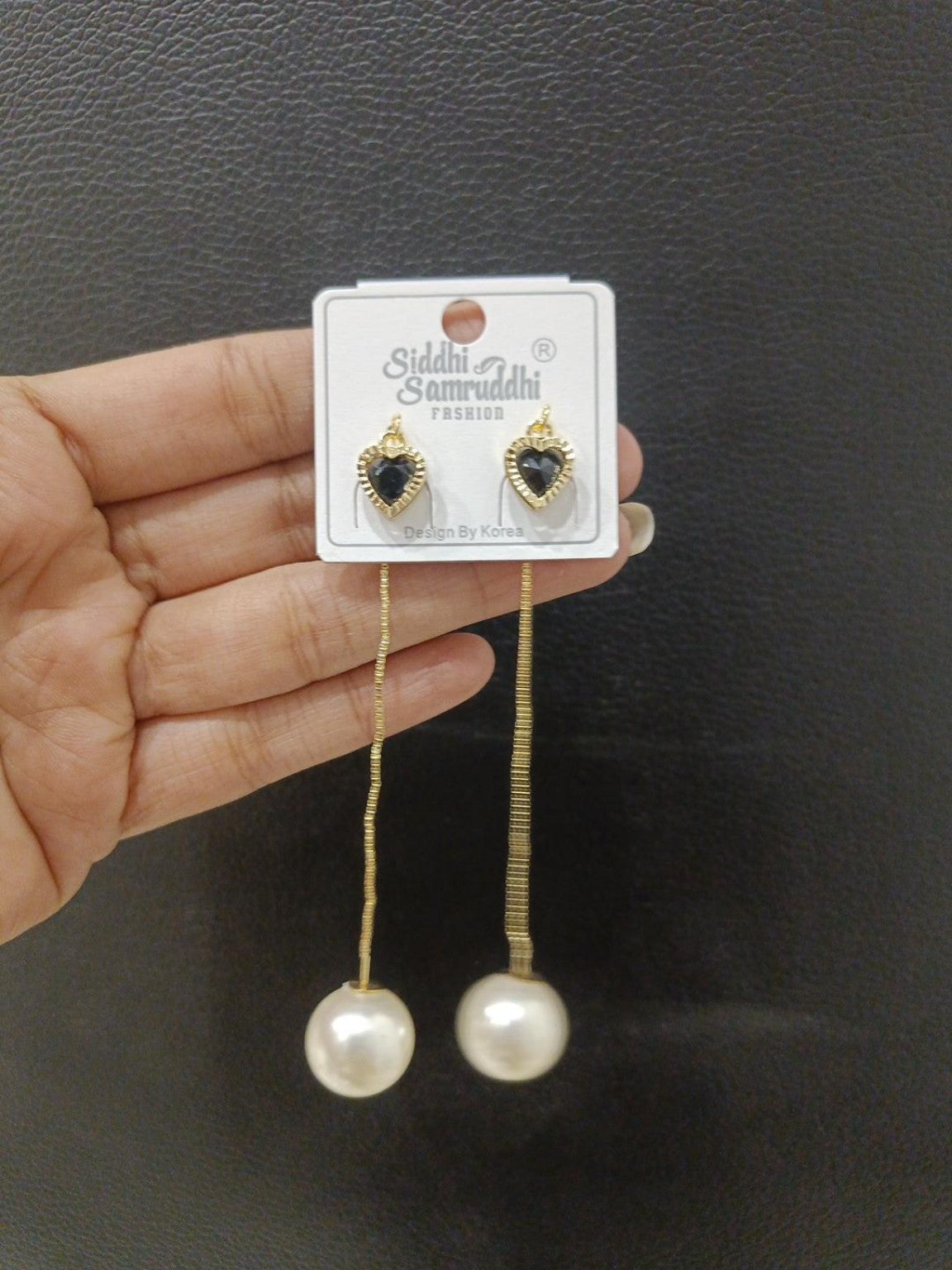 Black Heart Crystal Earrings with Long Gold-Tone Chains and Pearl Drops