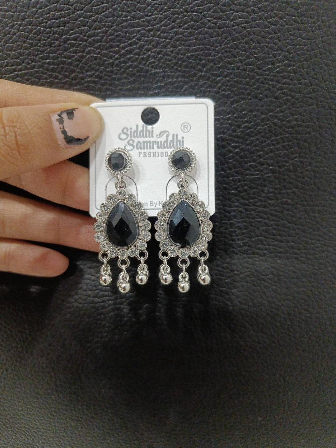 Black Teardrop silver Crystal Dangle Earrings with Rhinestone Halo