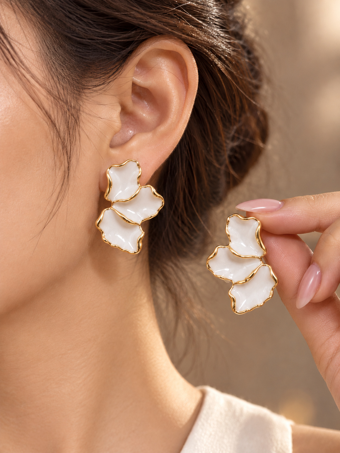 Golden Outline White Petal Cluster Statement Earrings
