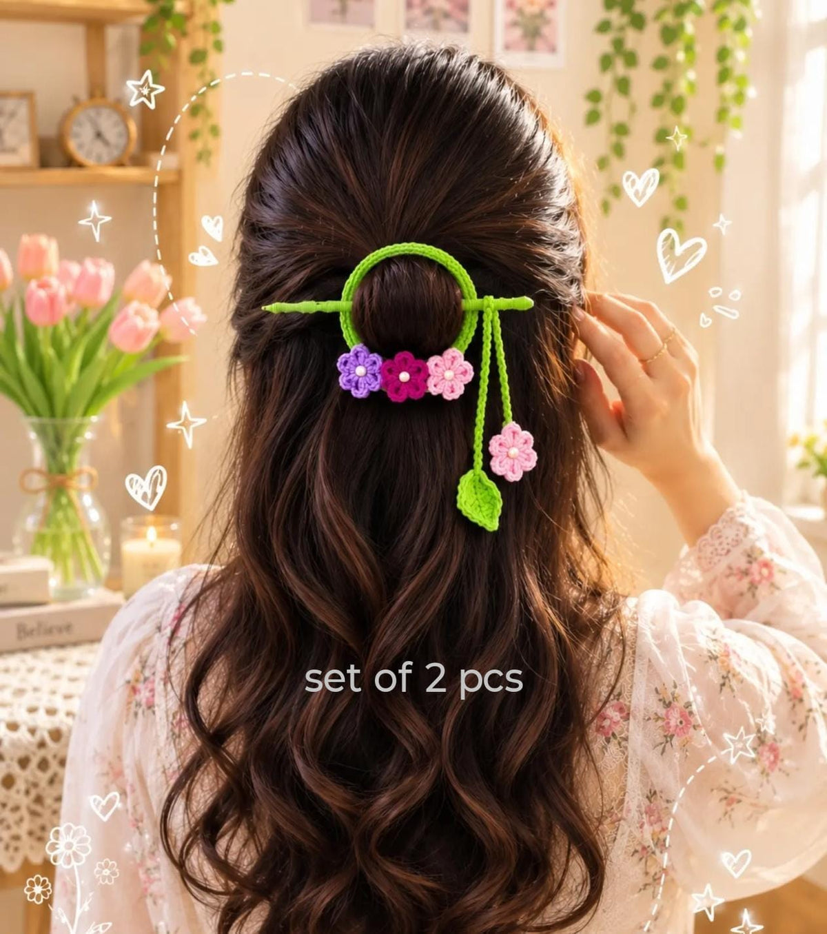 Set of 2 Handmade Crochet Floral Bun Hair Accessories – Pink & Purple Flowers