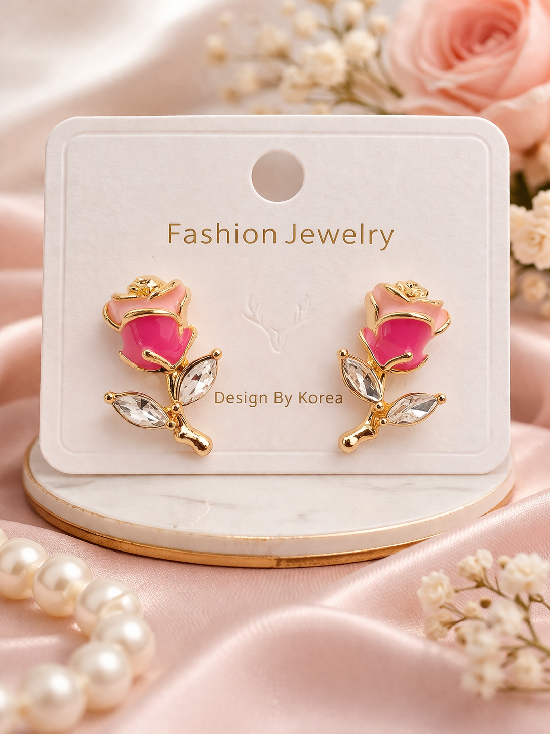 Cute Rose Crystal Stud Earrings – Korean Style