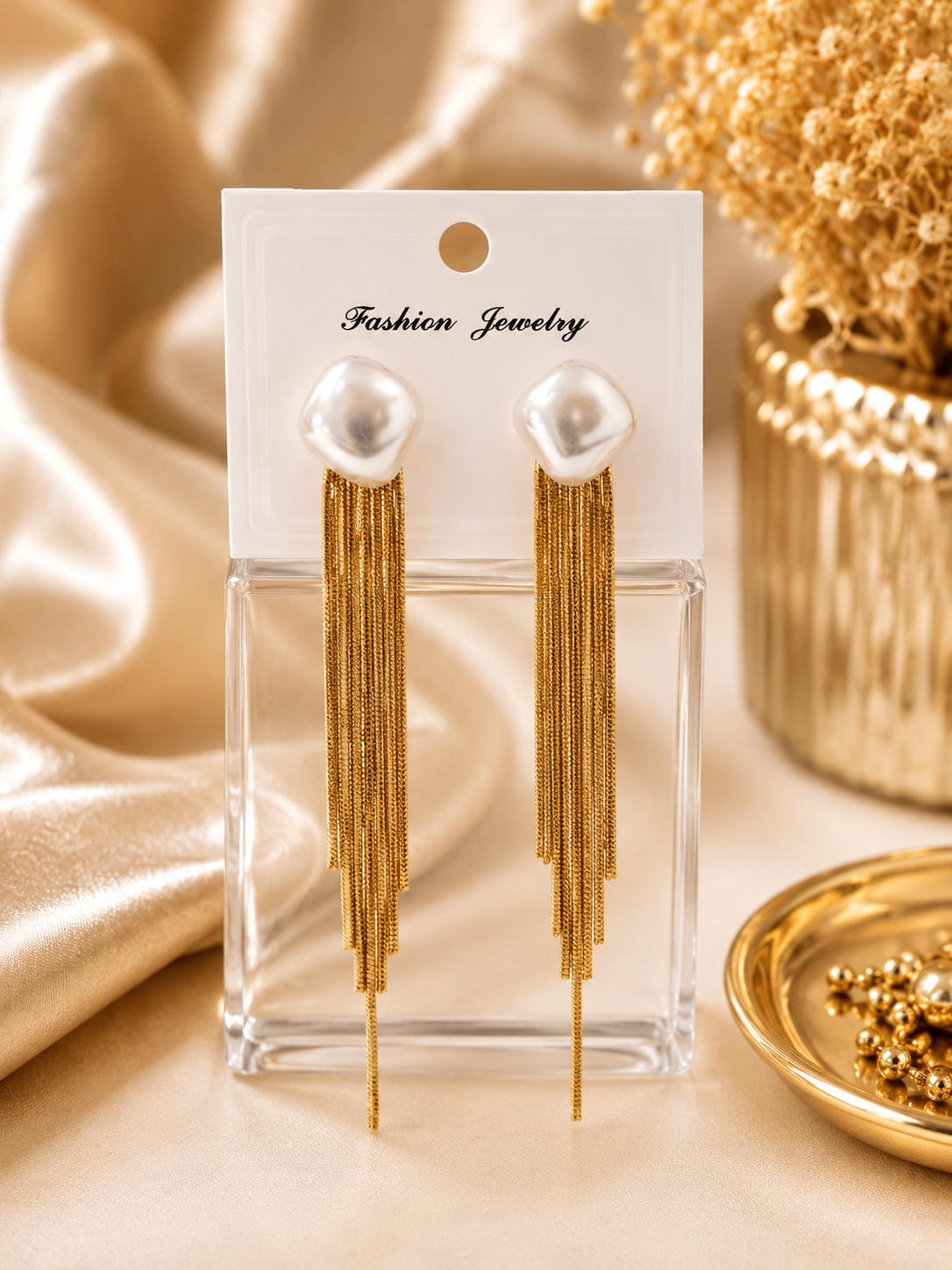 Korean Oval Pearl Tassel Drop Earrings for Women