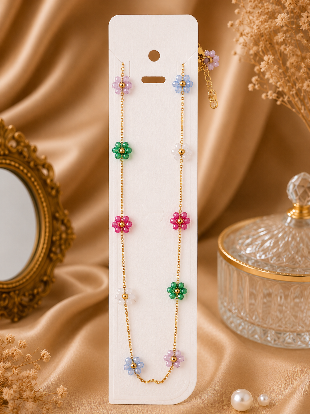Anti Tarnish Pearl & Multicolor Flower Necklace – Premium Gold Chain