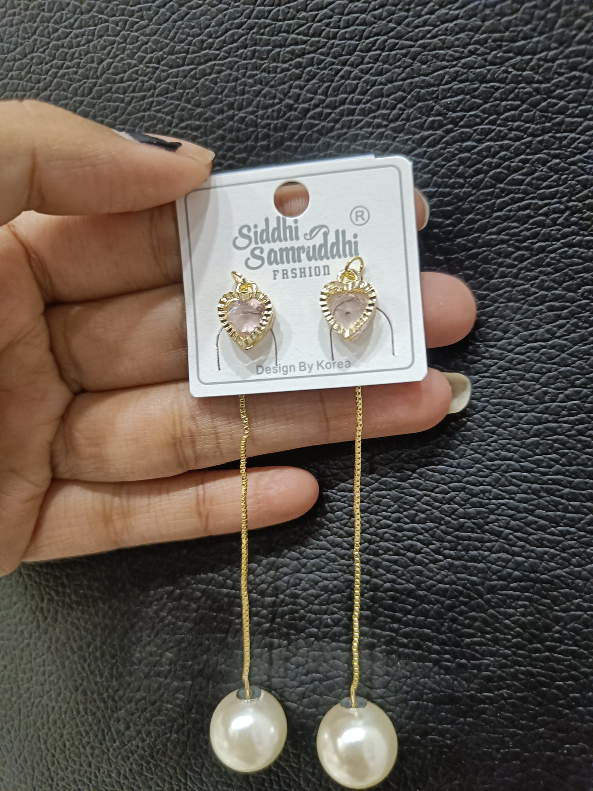 Pink Heart Crystal Earrings with Long Gold-Tone Chains and Pearl Drops
