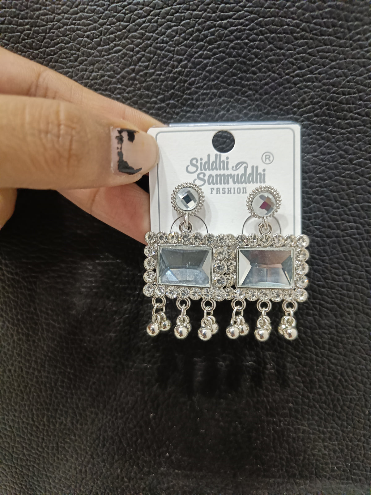 White Square Crystal Dangle Earrings with Rhinestone Border