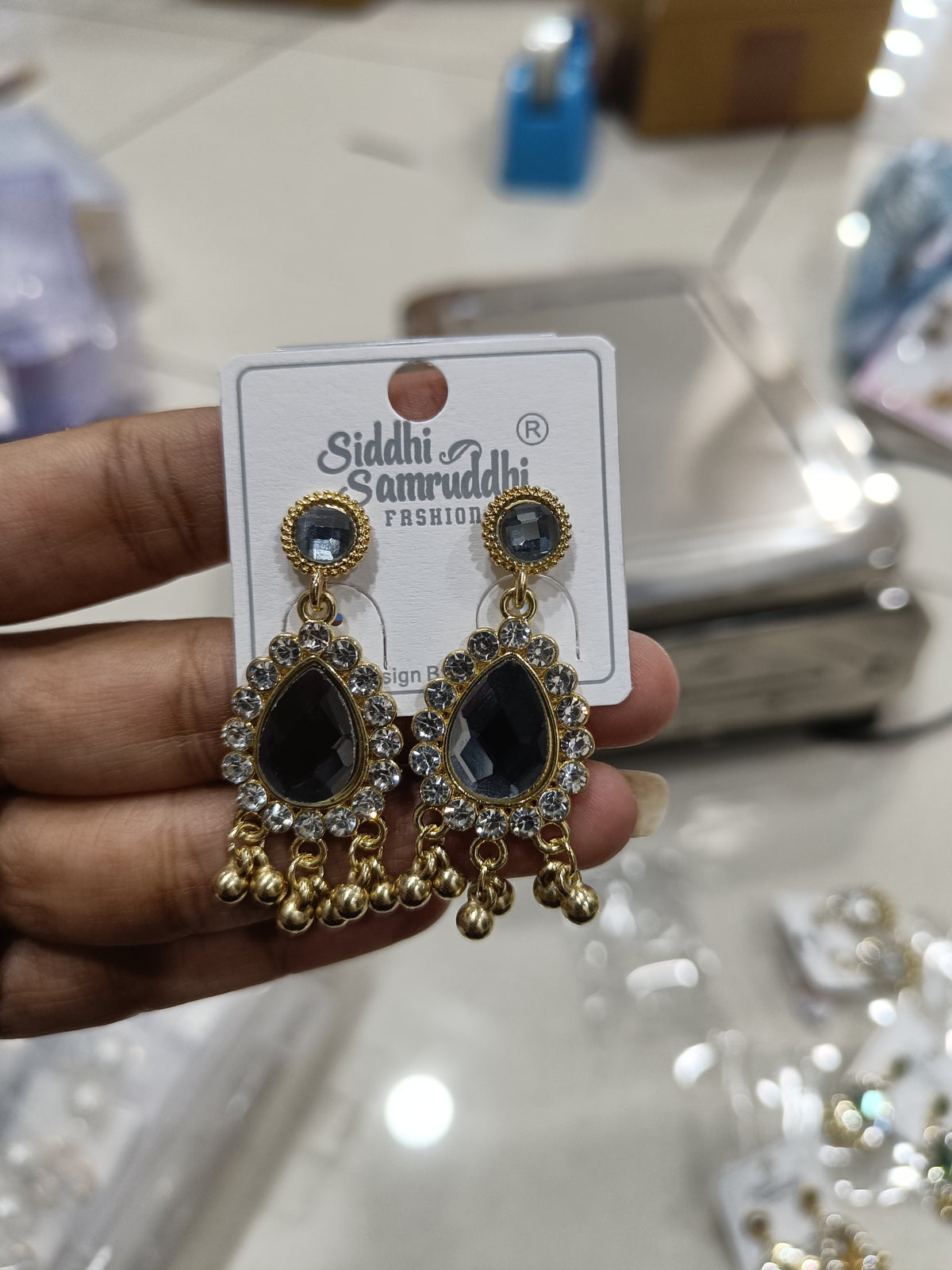 Grey Teardrop Stone Dangle Earrings with Crystal Halo