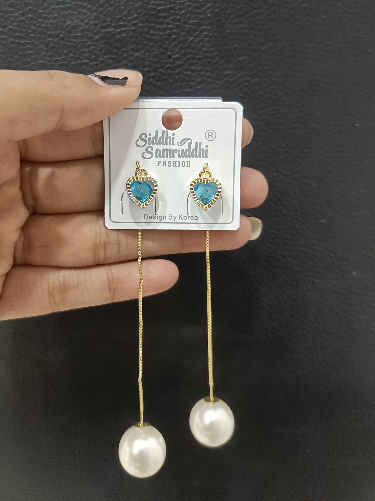 Blue Heart Crystal Earrings with Long Gold-Tone Chains and Pearl Drops