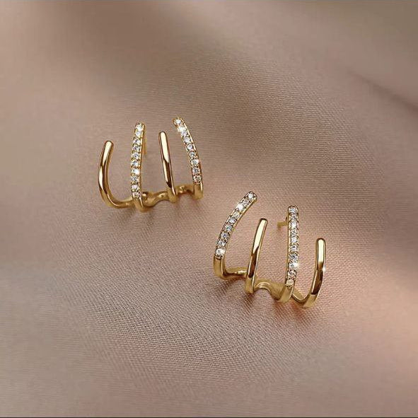 Korean Triple Hoop Crystal Ear Cuff Earrings