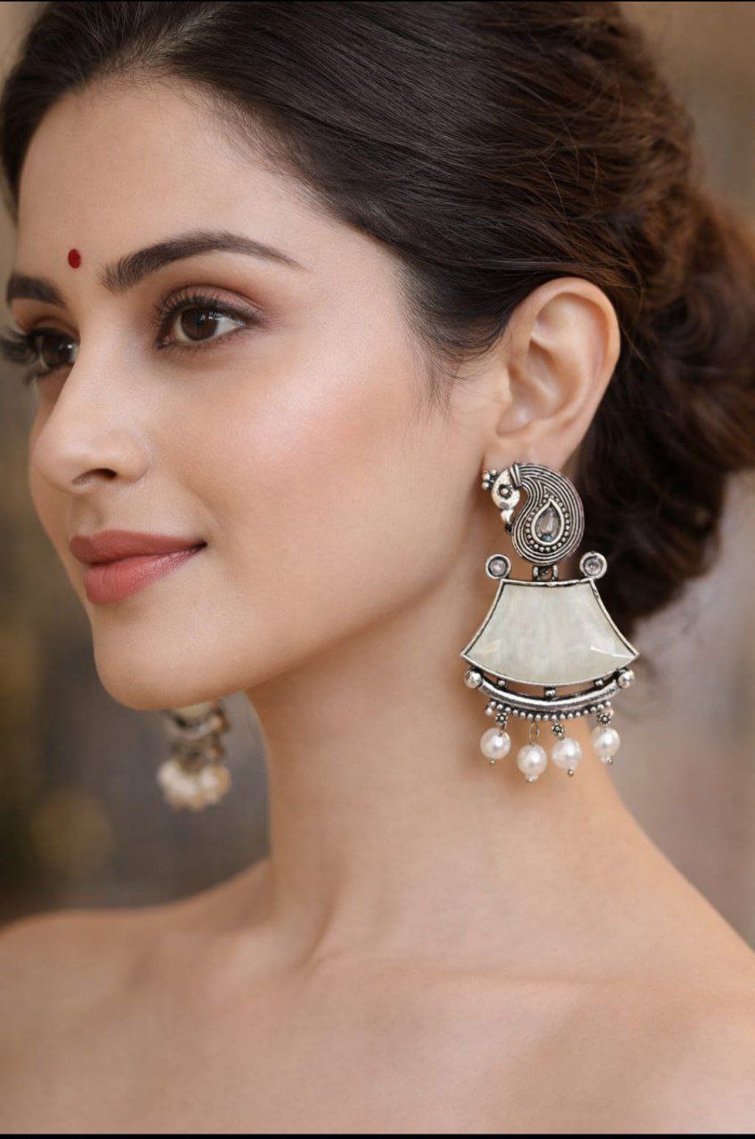 Traditional Oxidized Pearl Drop Earrings