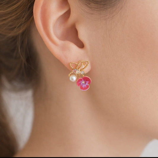Korean Floral Pearl Drop Earrings