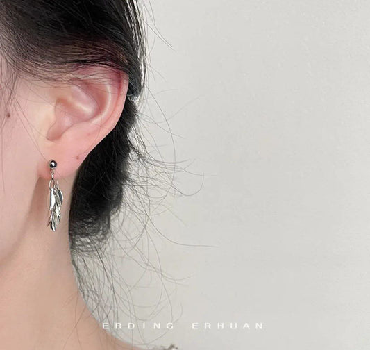 Korean Silver Leaf Tassel Earrings