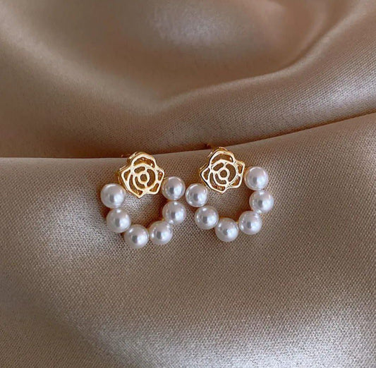 Korean Rose Pearl Hoop Earrings