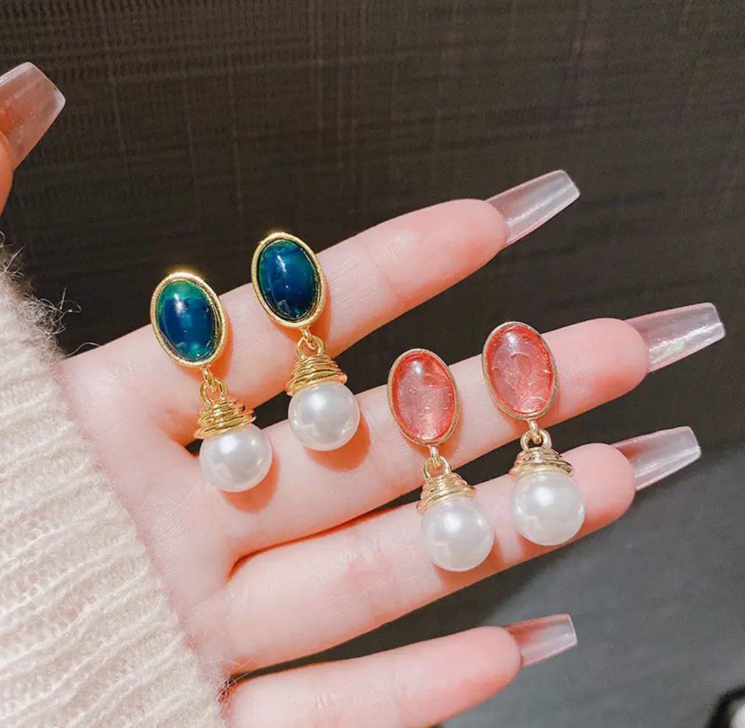 Korean Oval Stone Pearl Drop Earrings