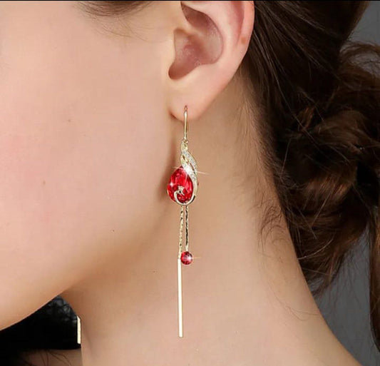 Korean Red Crystal Long Tassel Drop Earrings