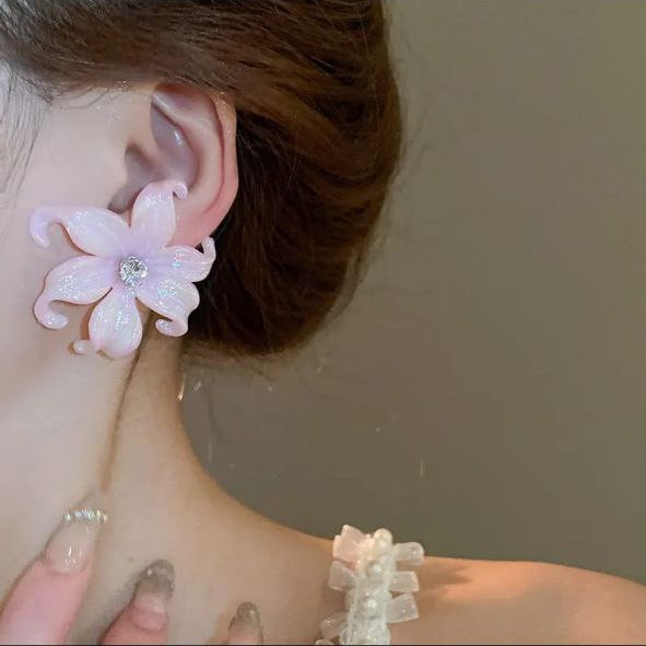 Korean Pink Flower Stud Earrings