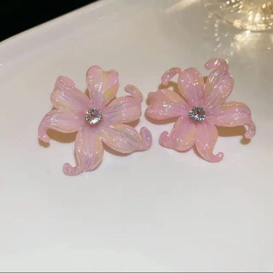 Korean Pink Flower Stud Earrings