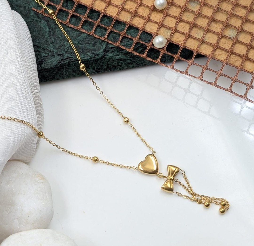 Anti-Tarnish Bow Heart Charm Necklace
