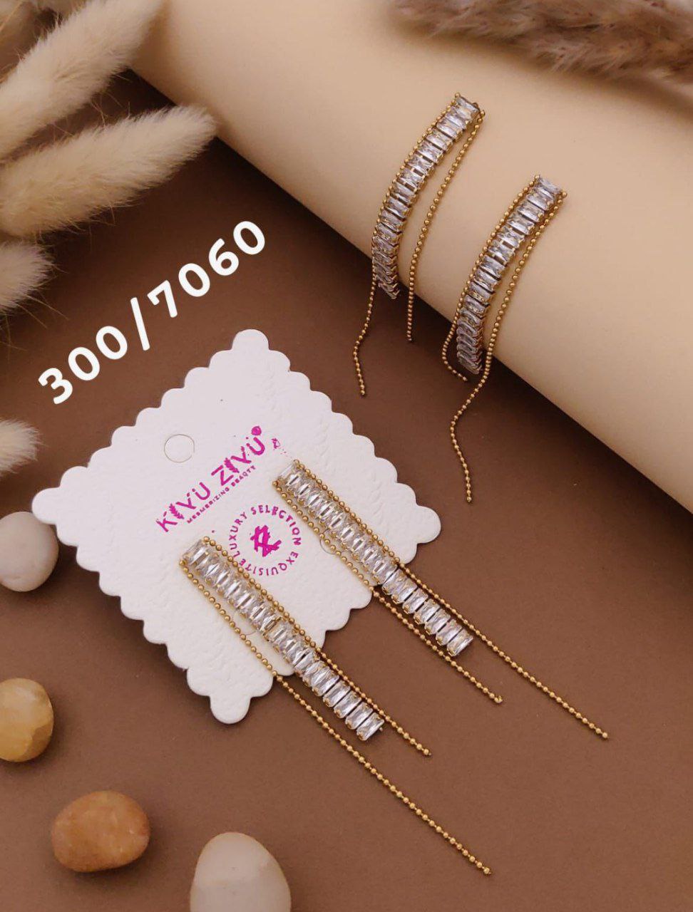 Premium Anti-Tarnish Baguette Diamond Chain Drop Earrings for Women