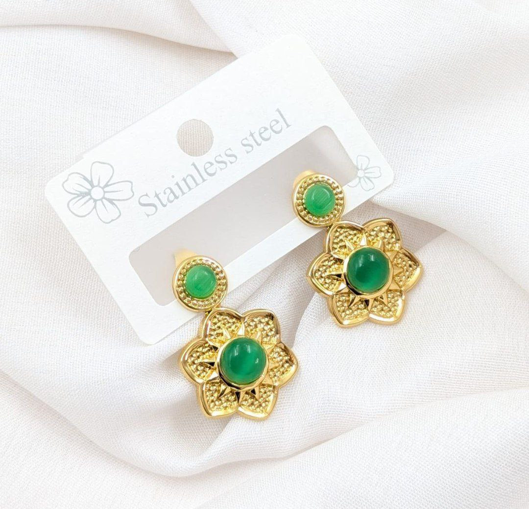 Premium Anti-Tarnish Stainless Steel Green Stone Floral Earrings for Women