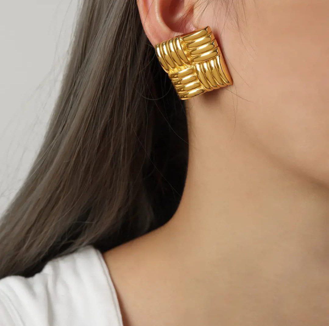 Premium Gold Plated Textured Square Earrings for Women