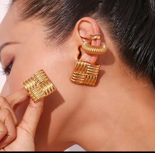 Premium Gold Plated Textured Square Earrings for Women