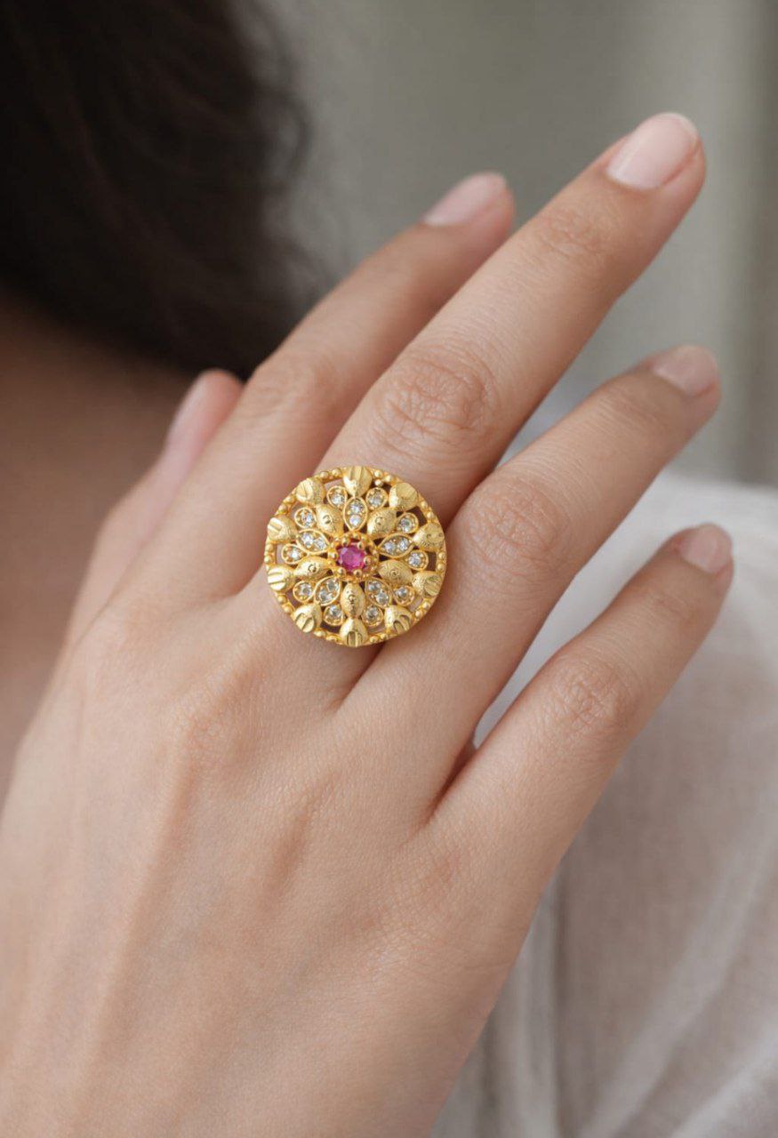 Brass Ruby Floral Ring