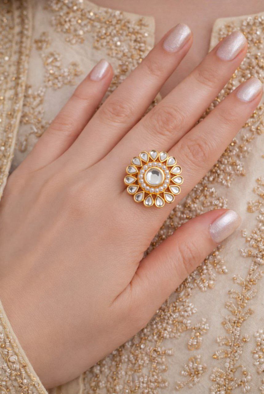 Elegant Kundan Pearl Floral Ring Multi Stone Adjustable Statement Ring