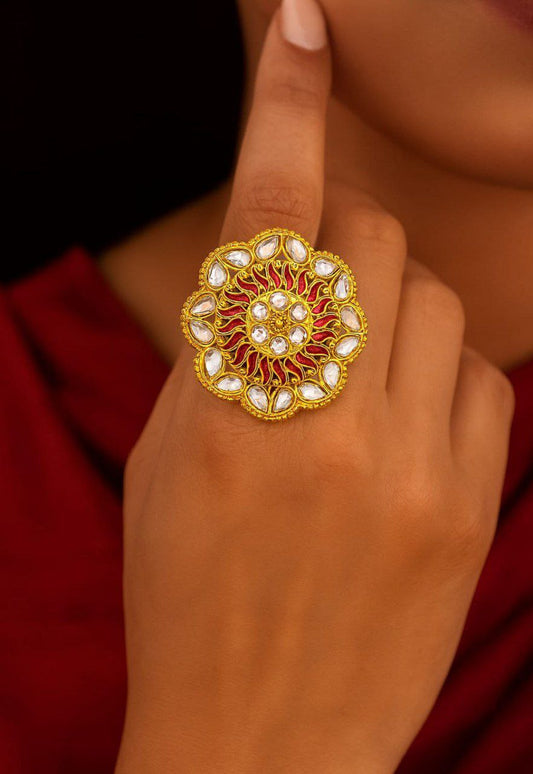 Royal Sun Design Kundan Statement Ring – Antique Gold Adjustable Ring