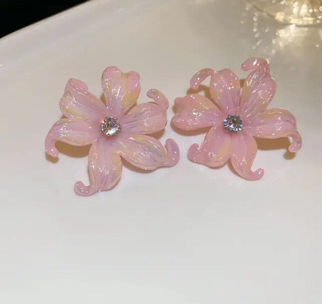 Glossy Pink Floral Stud Earrings