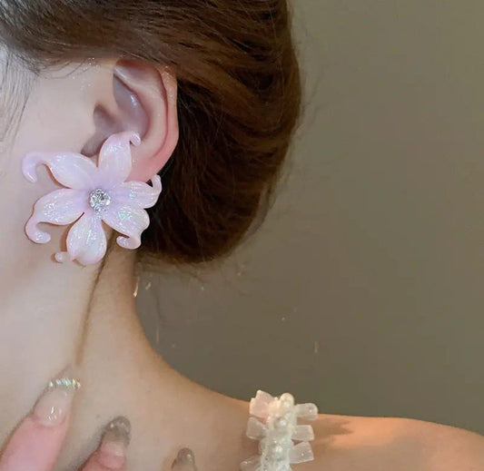 Glossy Pink Floral Stud Earrings