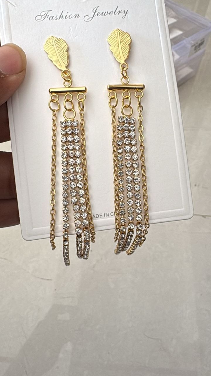 Anti Tarnish Leaf Crystal Tassel Earrings – Gold Chain Drop Design