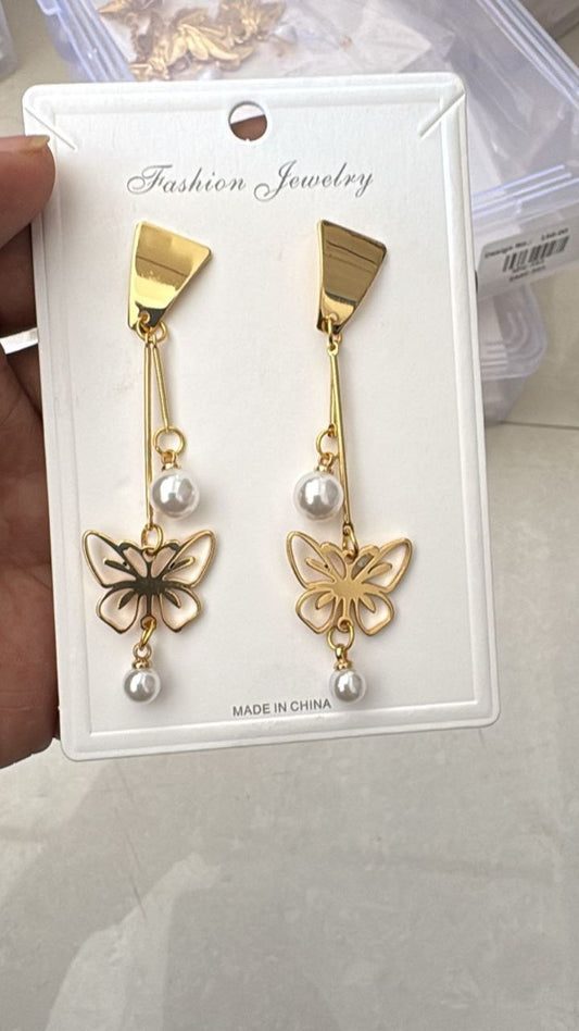Anti Tarnish Butterfly Pearl Drop Earrings – Gold Long Hanging Design