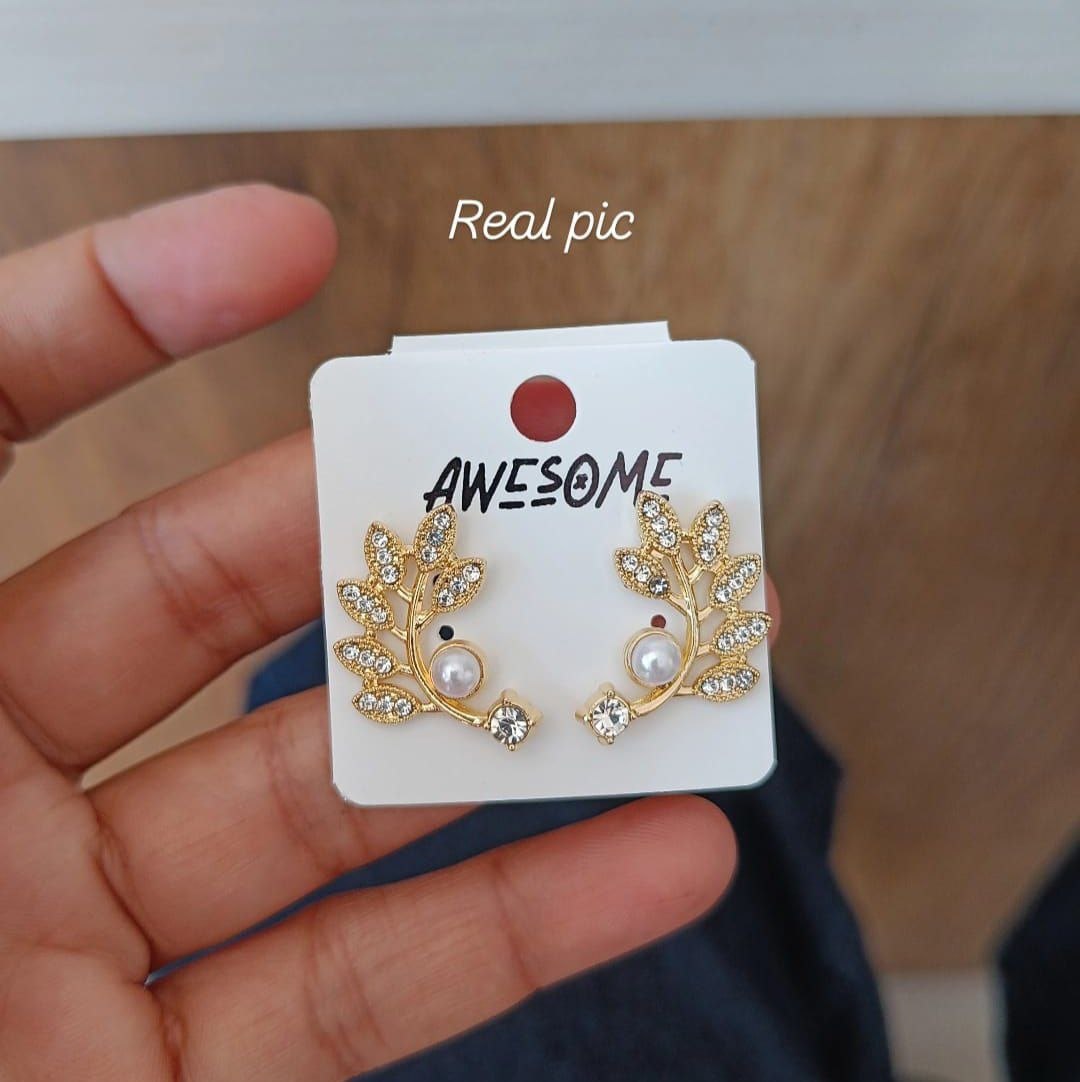 Korean Style Leaf Pearl Ear Climber Earrings – Gold Crystal Design
