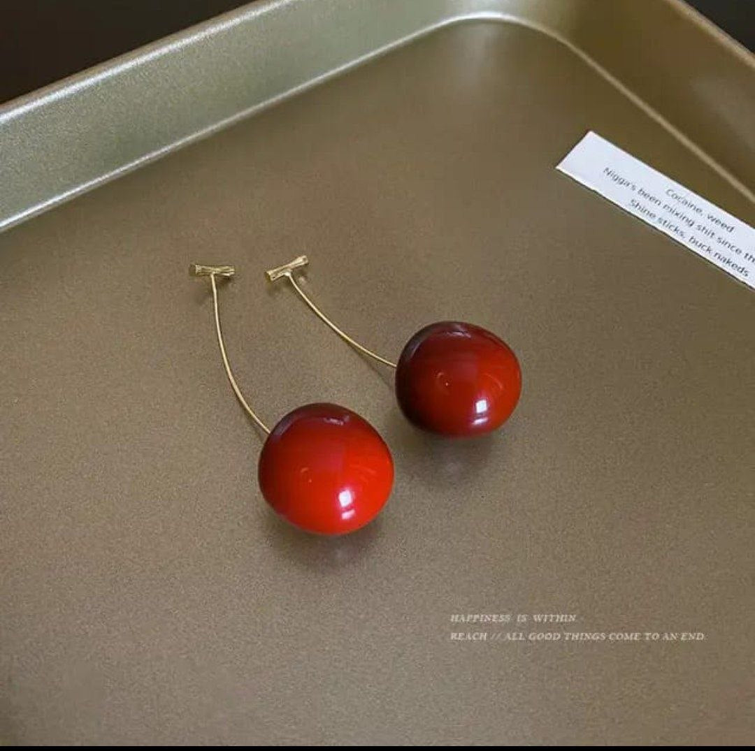 Korean Style Cherry Drop Earrings – Red Glossy Cute Design