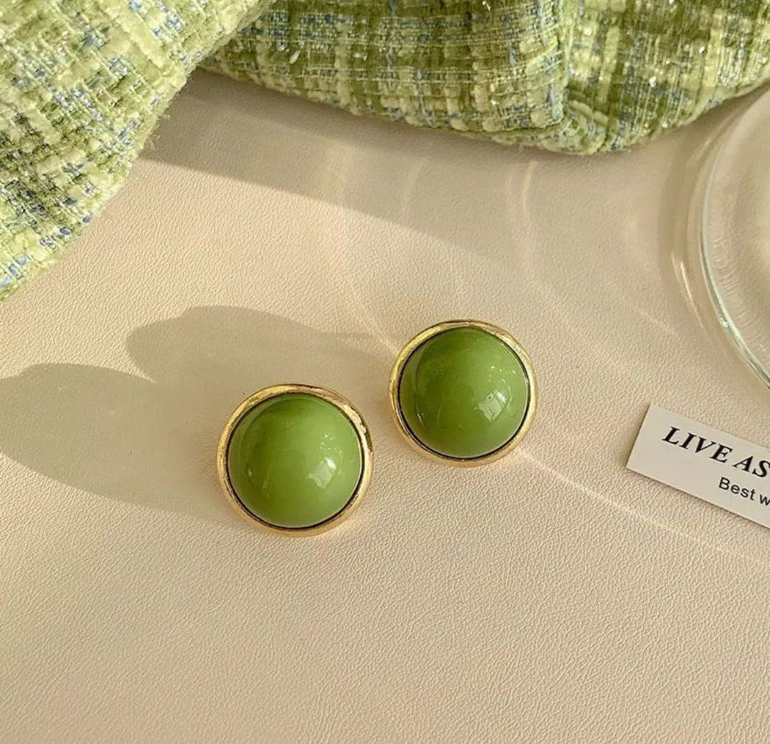 Korean Green Stone Gold Plated Stud Earrings for Women