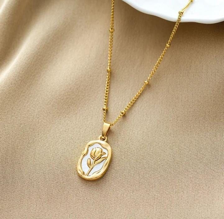 White Enamel Rose Pendant Necklace for Women