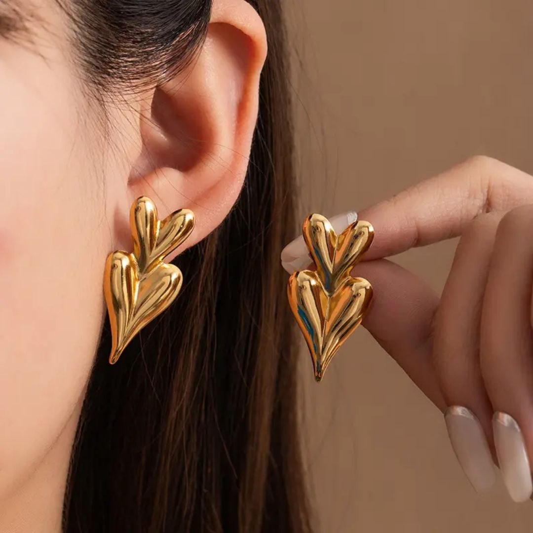 Golden Double Heart Anti Tarnish Earrings for Women