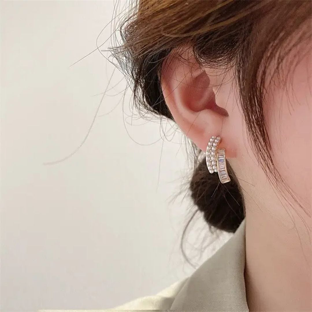 Korean Pearl & Crystal Layered Hoop Earrings