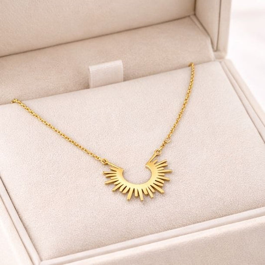 Anti Tarnish Sunburst Pendant Necklace – Gold Stainless Steel Design