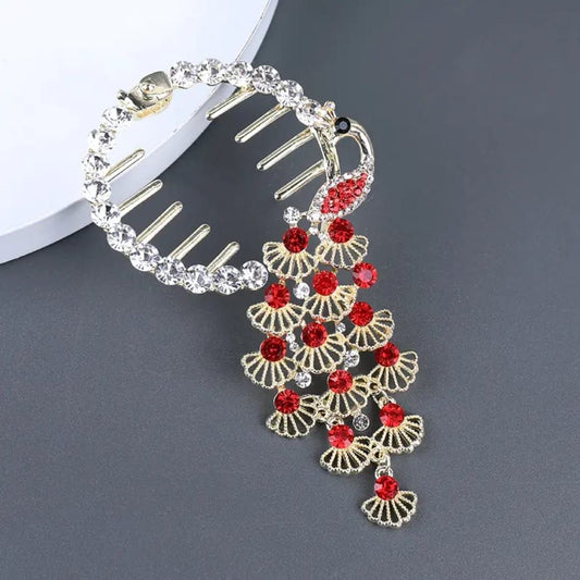 Korean Metal Crystal Peacock Tassel Hair Comb Cluther